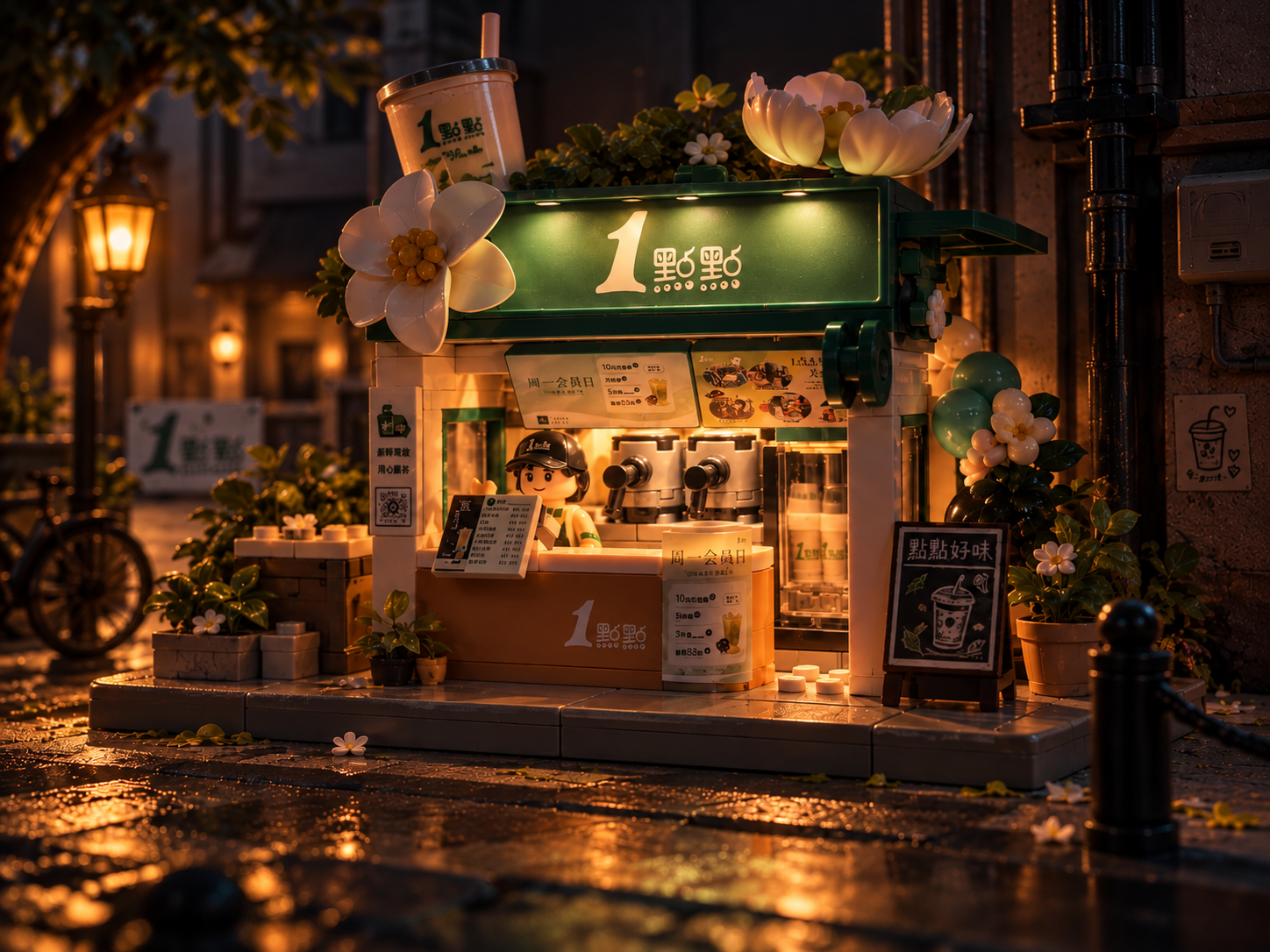 暖色街灯下的雨夜微缩茶饮小铺